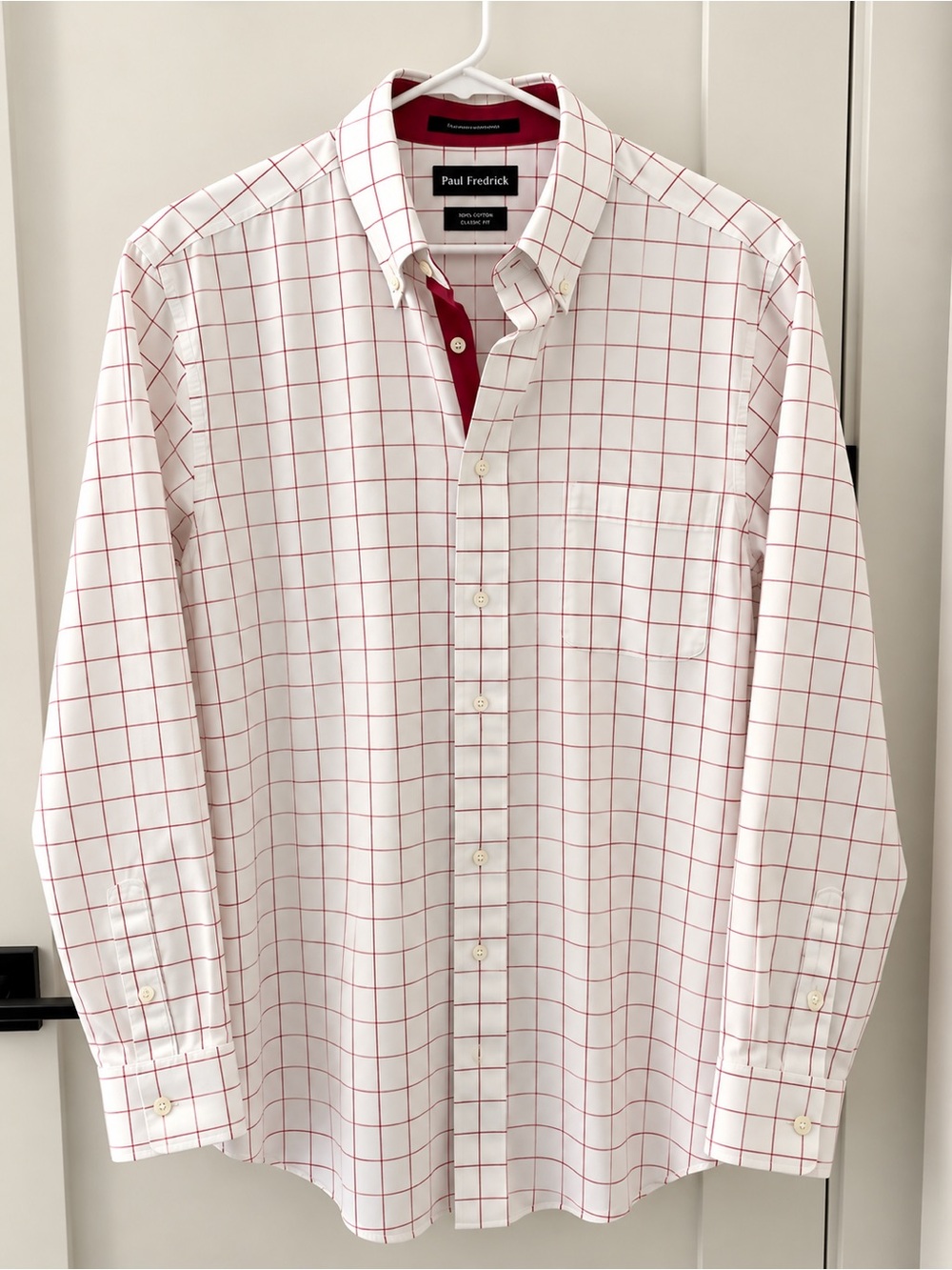 Paul Fredrick White Shirt with Red Windowpane Grid 16 1/2 by 34